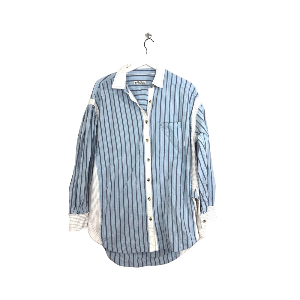 We The Free Free People Blue Striped Mixed Media Waffle Knit Button Down Shirt S